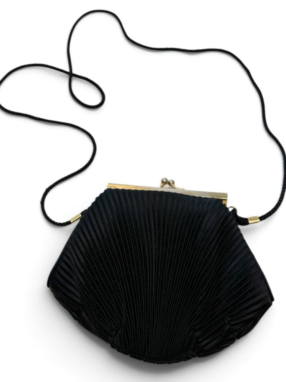 Vintage Black Evening Purse Bag Clutch Pleated Kiss Lock Rope Strap